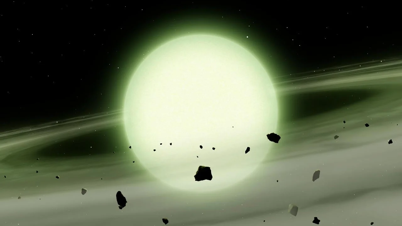 An artist's impression of the white dwarf WD J1330+6435 glowing green among rocky debris from its old planetary system